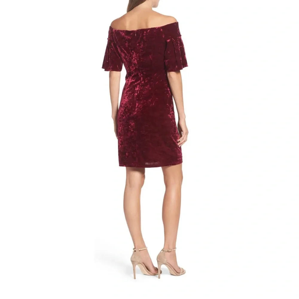 NWT Eliza J Burgundy Wine Crushed Velvet Off The Shoulder Dress, Size 2 - Picture 2 of 6